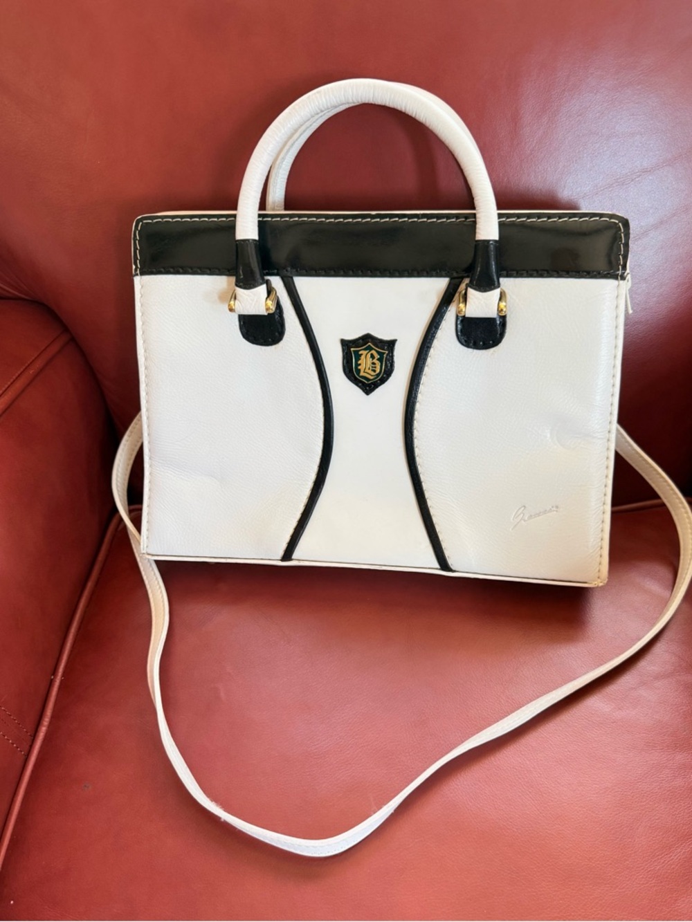 Beautiful leather White and Black Structured Satchel Handbag